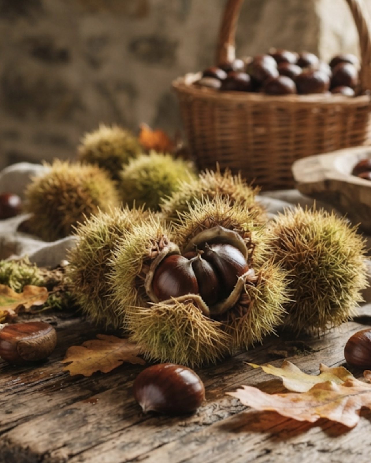 Castagne del Casentino appena raccolte con ricci e cesto di vimini