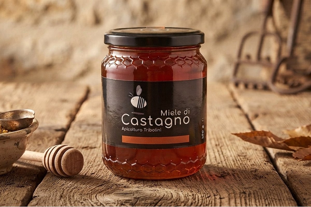 Vasetto di Miele di Castagno Apicoltura Tribolini su tavolo di legno con polline e favo